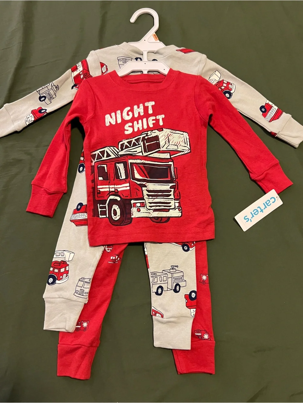 Two Pairs of Carter's Red and Gray Fire Truck Pajama Sets Size 12M.